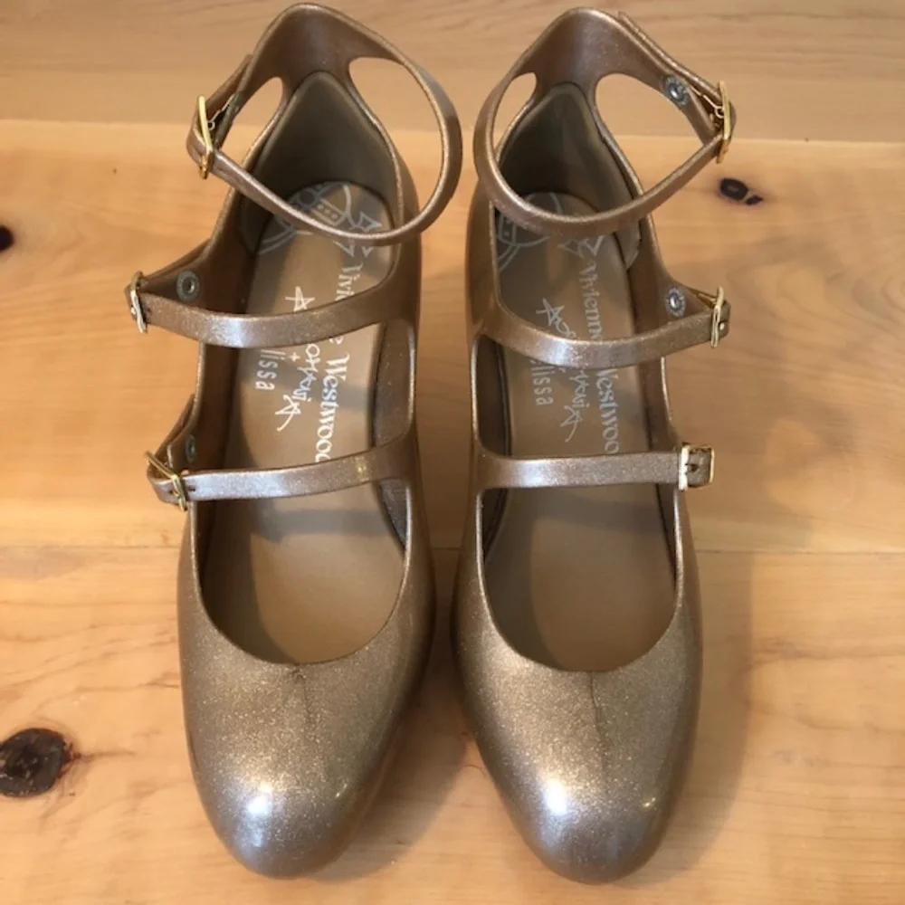RARE Vivienne Westwood Gold Glitter High Heels Triple Strap size 9 - Picture 4 of 10